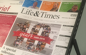 Photograph of a commemorative newsletter produced in celebration of the ten-year anniversary of NHS Informatics Merseyside